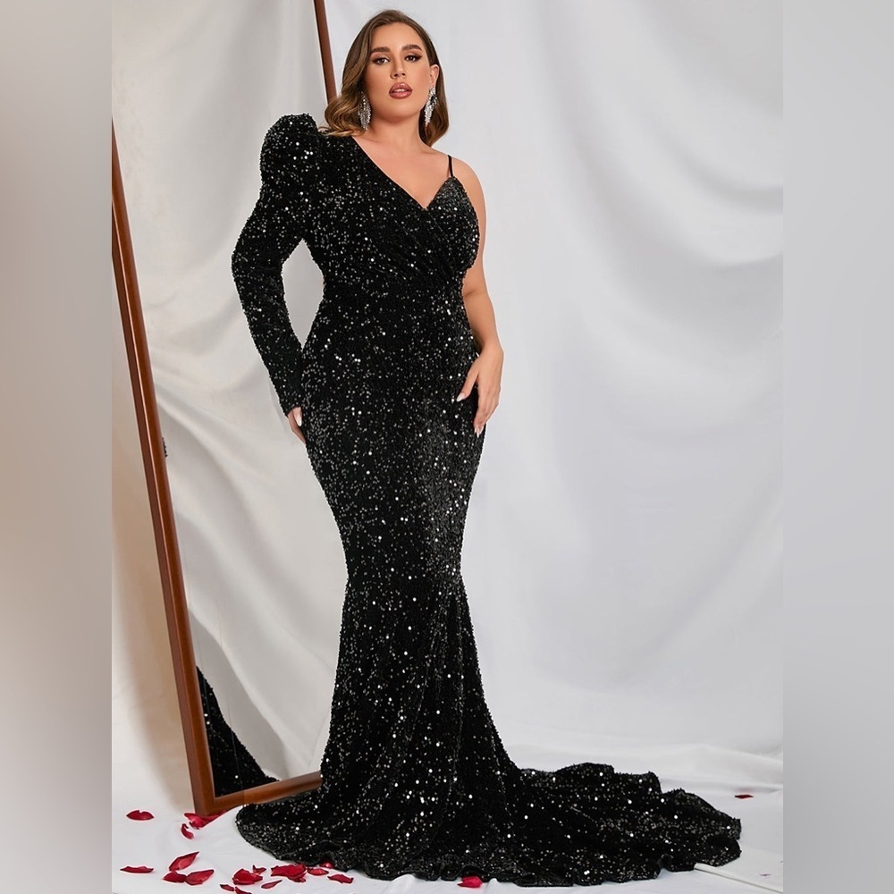 Faeriesty black sequin Asymmetrical One Shoulder Mermaid Dress train size 2X/16